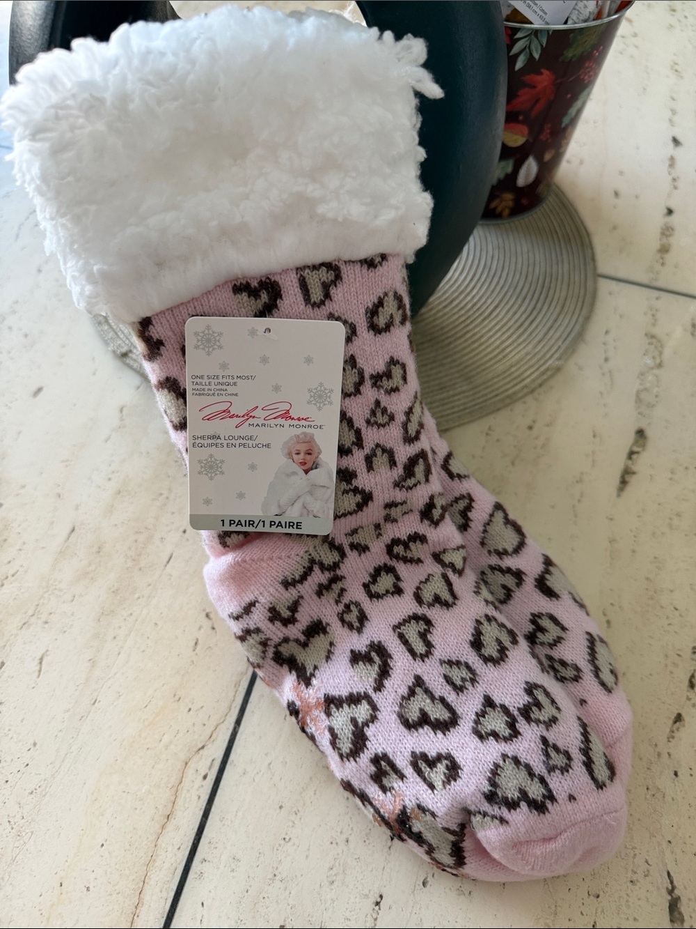 Marilyn Monroe Pink Leopard ❤️ Sherpa Cuff Lounge Socks w/Snowflake Grips